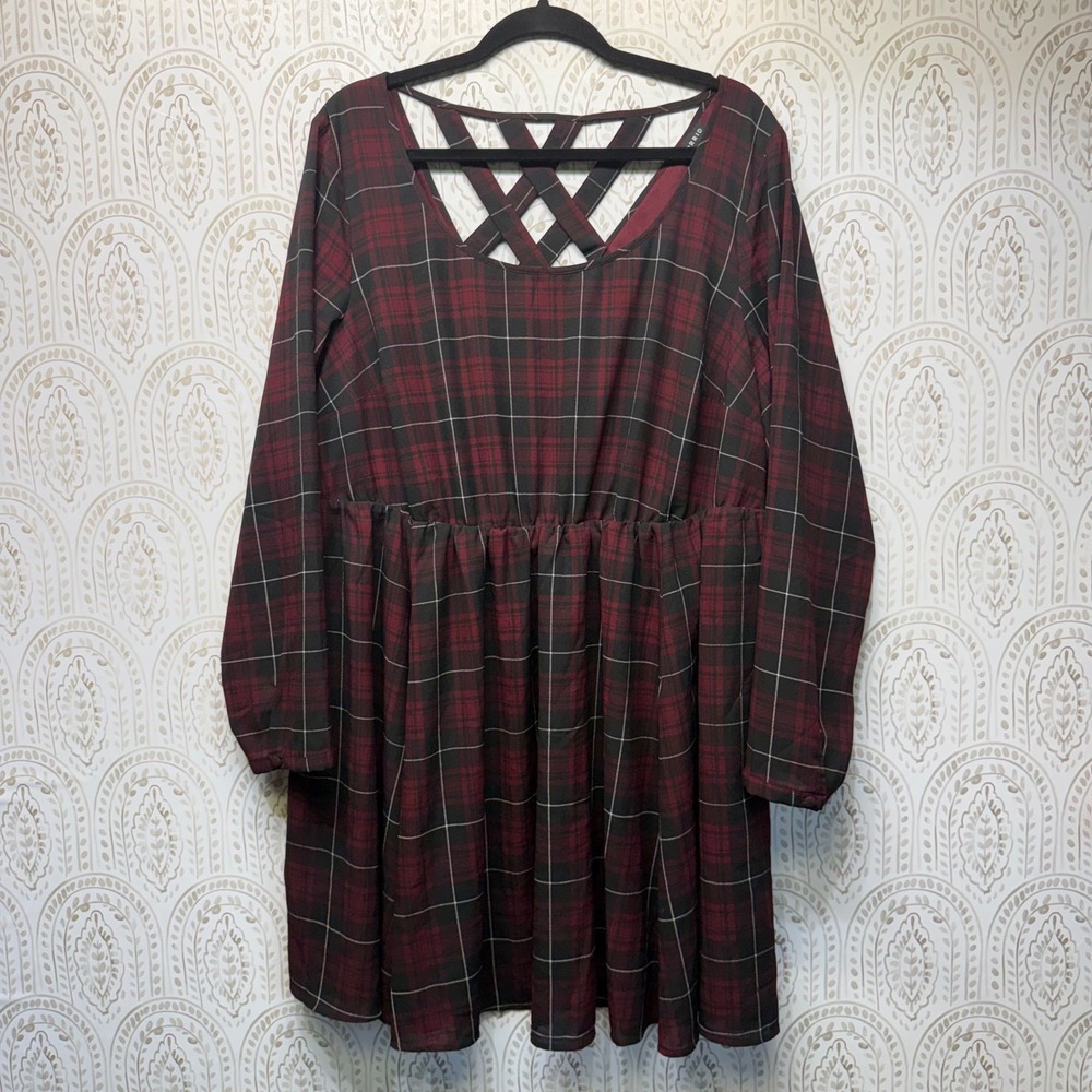 Torrid Plaid Dress Womens 3 Burgundy Black Lattice Strappy Neck Long Sleeve Mini